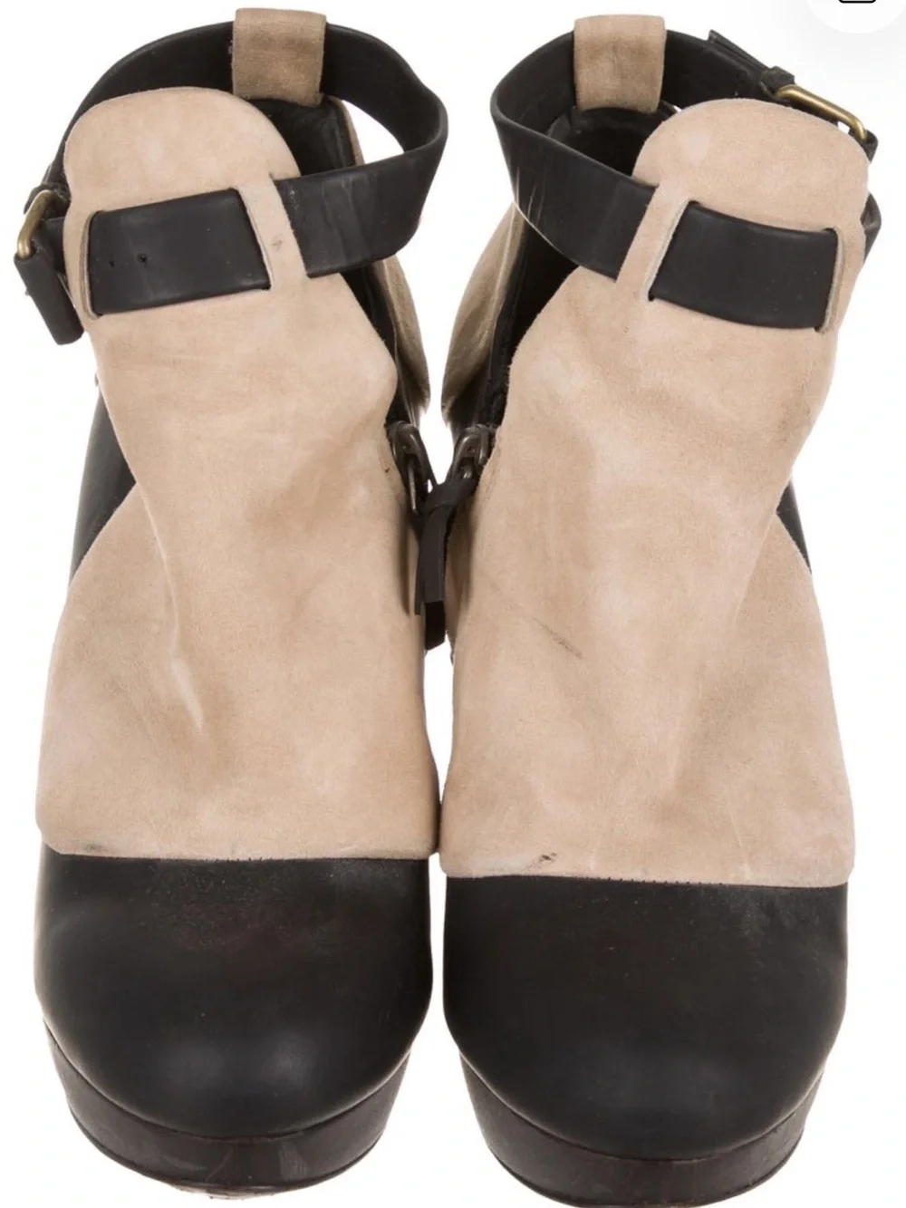 Balenciaga Women’s Brown and Beige Suede Wedge Booties with Ankle Strap